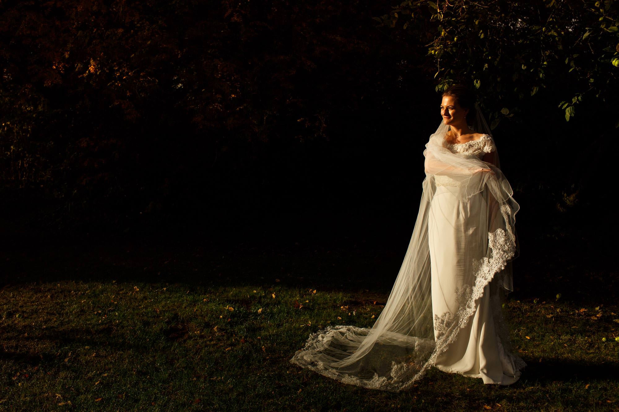 Bride in direct sunlight in the gardens of Iscoyd Park