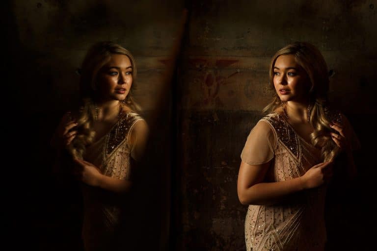 creative portrait of bride wearing beaded dress at holmes mill